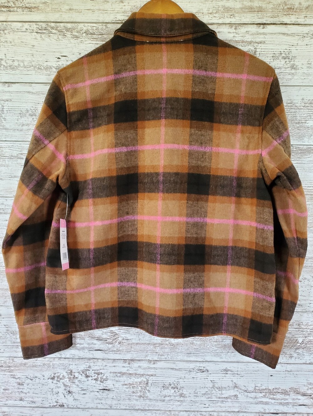 BB Dakota Steve Madden Cashew Plaid Shacket Flannel Boxy Shirt Jacket Brown Pink - Picture 3 of 12